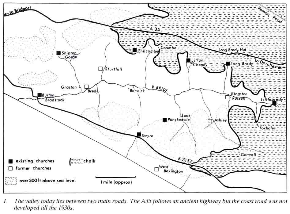 The valley today.  A35 follows an ancient highway but the coast road was not developed until the 1930's.