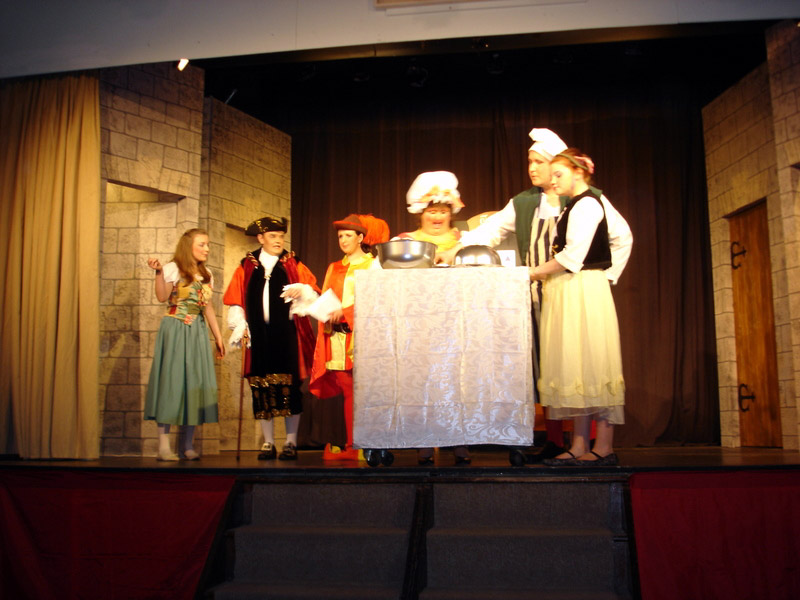 Emma Batchelor, Colin Haley as the Mayor, Katy Woodrow, Gill East, David Mayo, and Cleo Nester as Gretchen